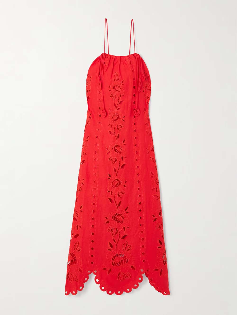 Elegant Lace-Trim Crochet Linen-Blend Midi Dress