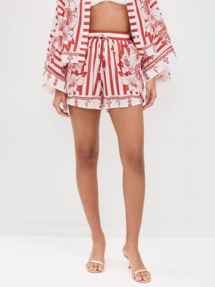 Unique Floral Print Wide Sleeve Shirt and Elastic Waist Pocketed Shorts Set