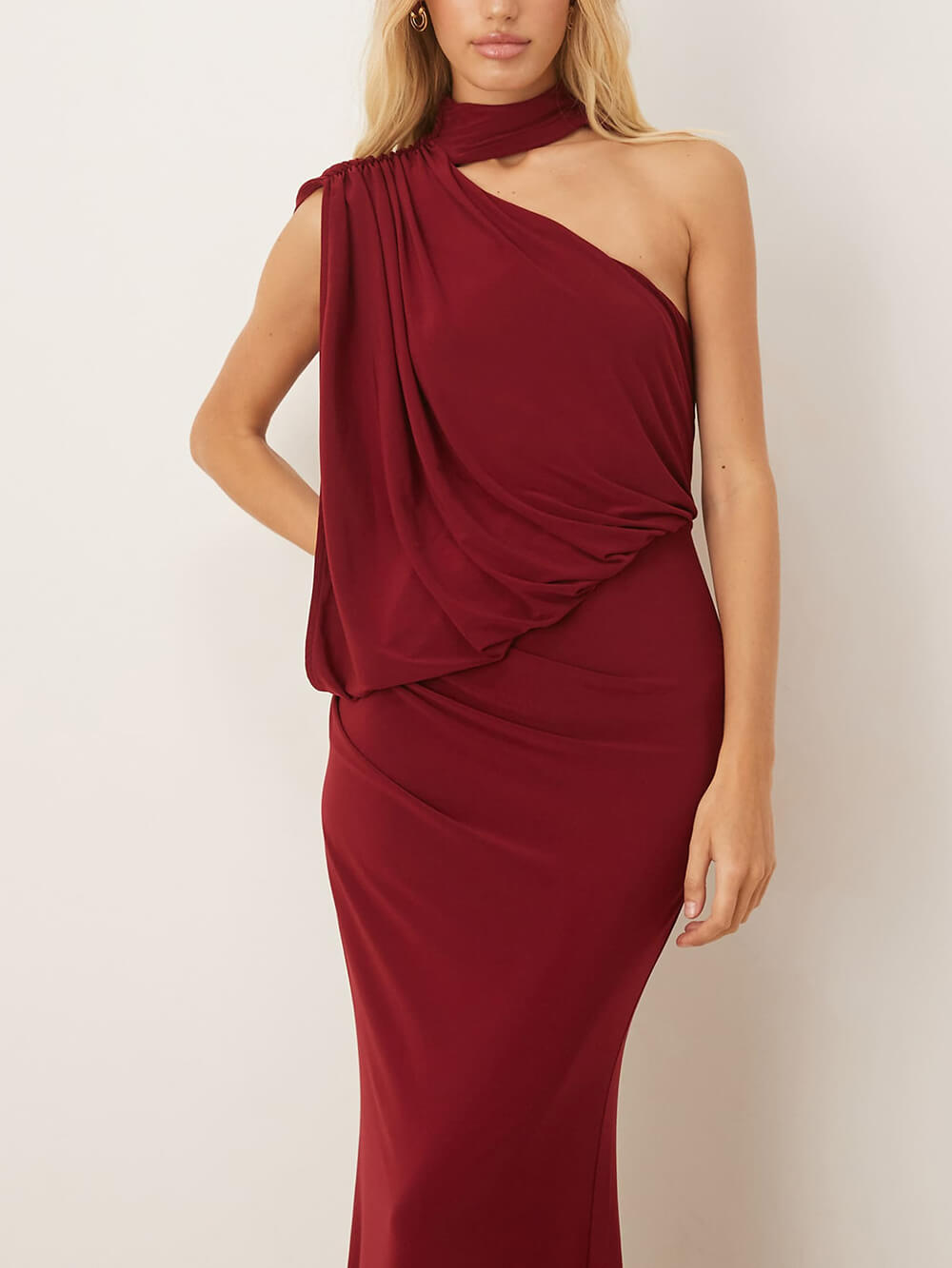 Exquisite One-Shoulder Draped Pleated Cape Maxi Dress