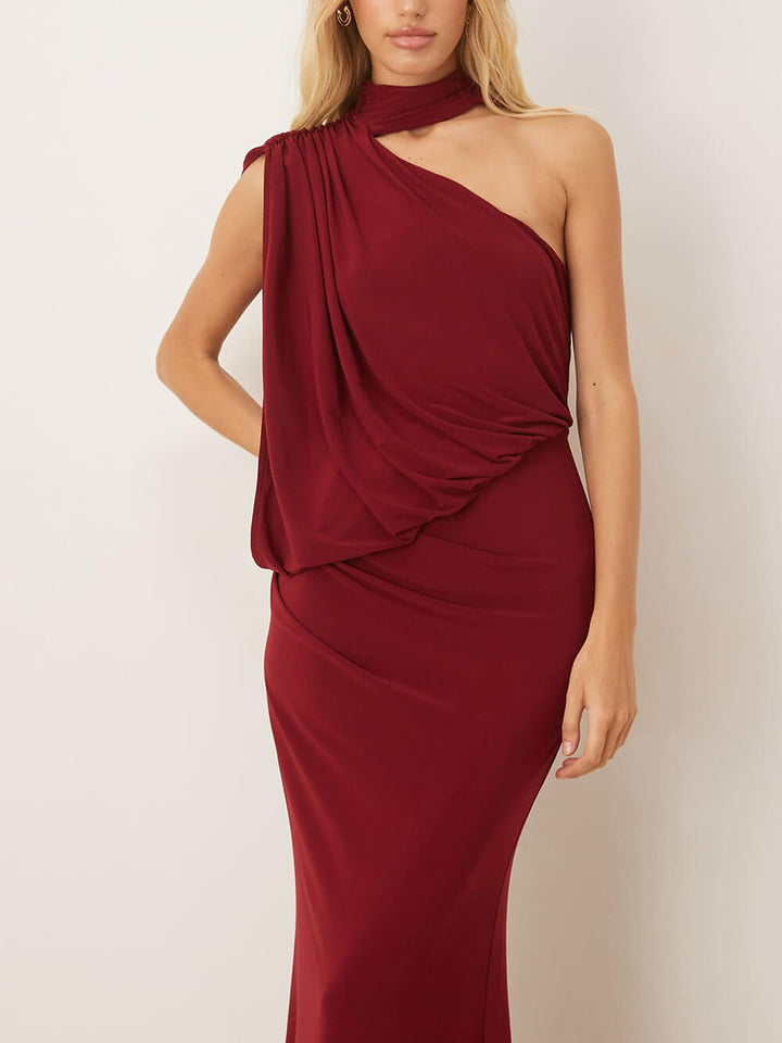 Exquisite One-Shoulder Draped Pleated Cape Maxi Dress