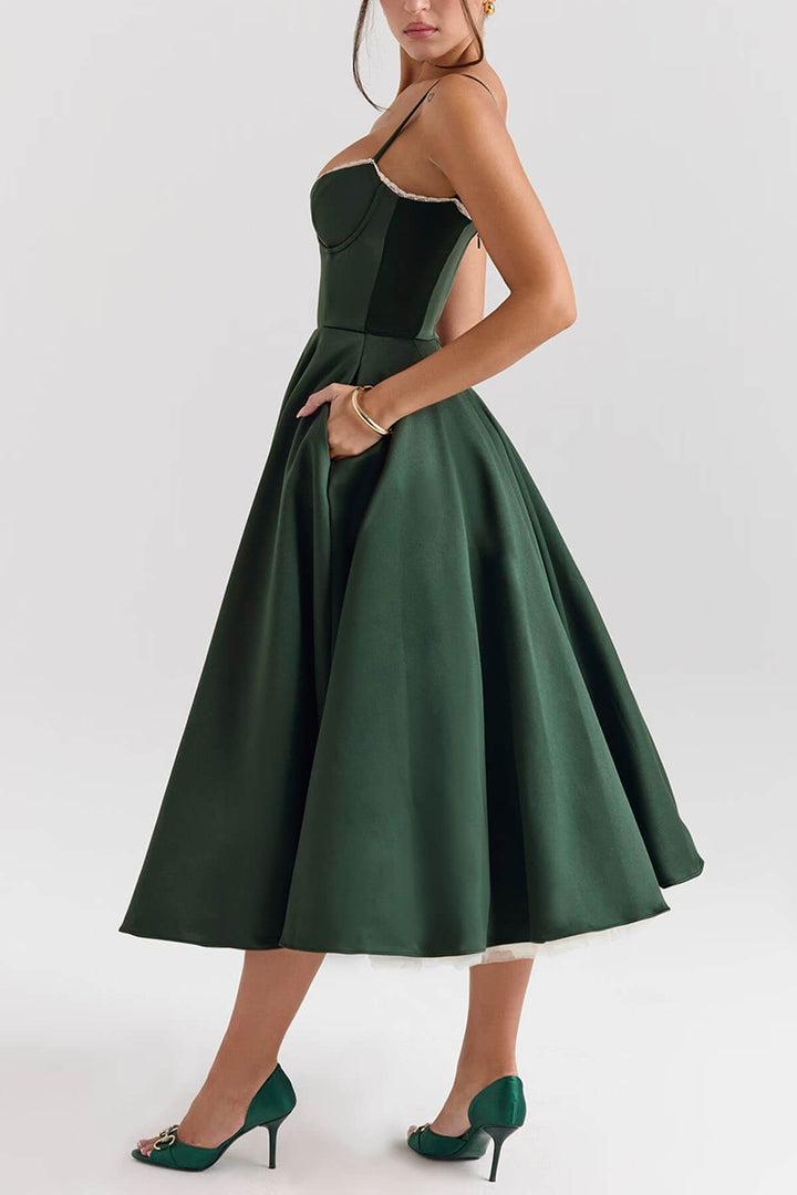 Elegant Satin Tulle Backless Midi Dress