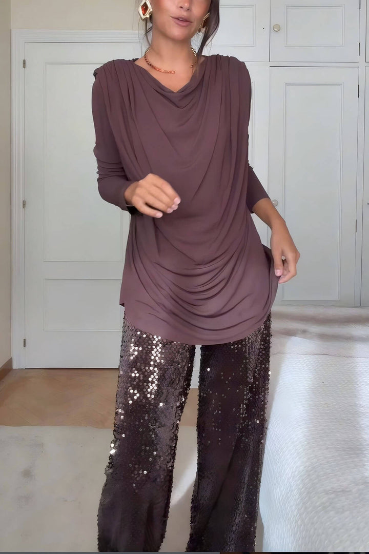 Unique Ruched Drop-Shoulder Long Sleeve Top