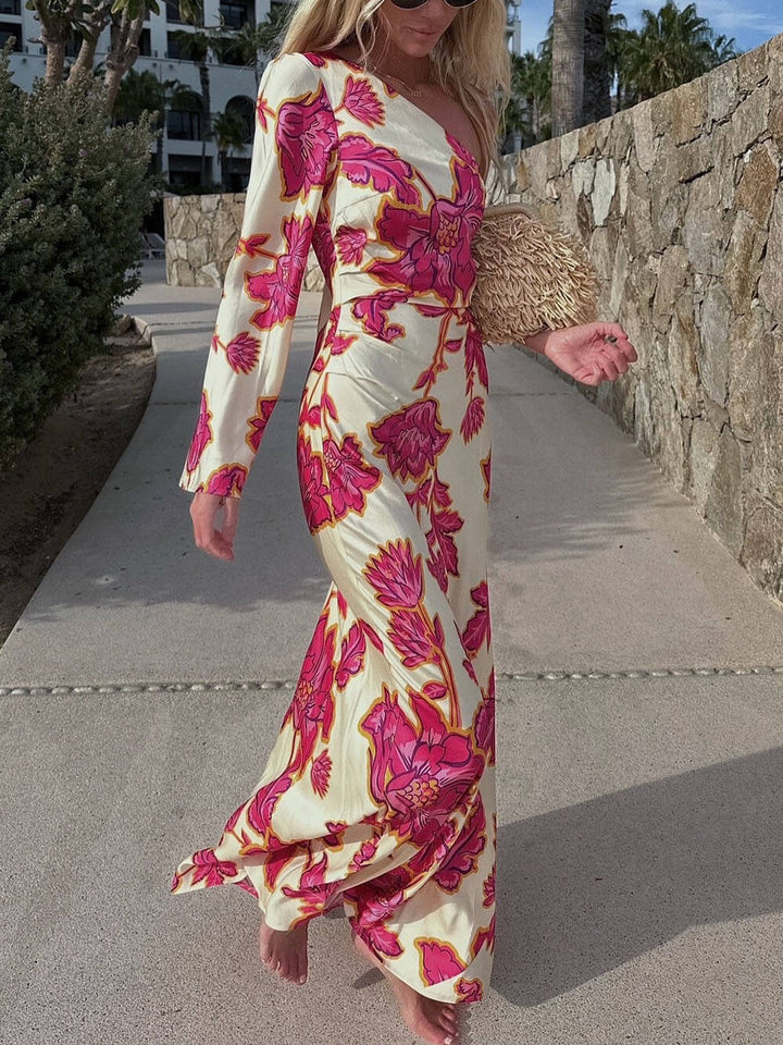 Unique Satin Floral Print One Shoulder Flared Maxi Dress