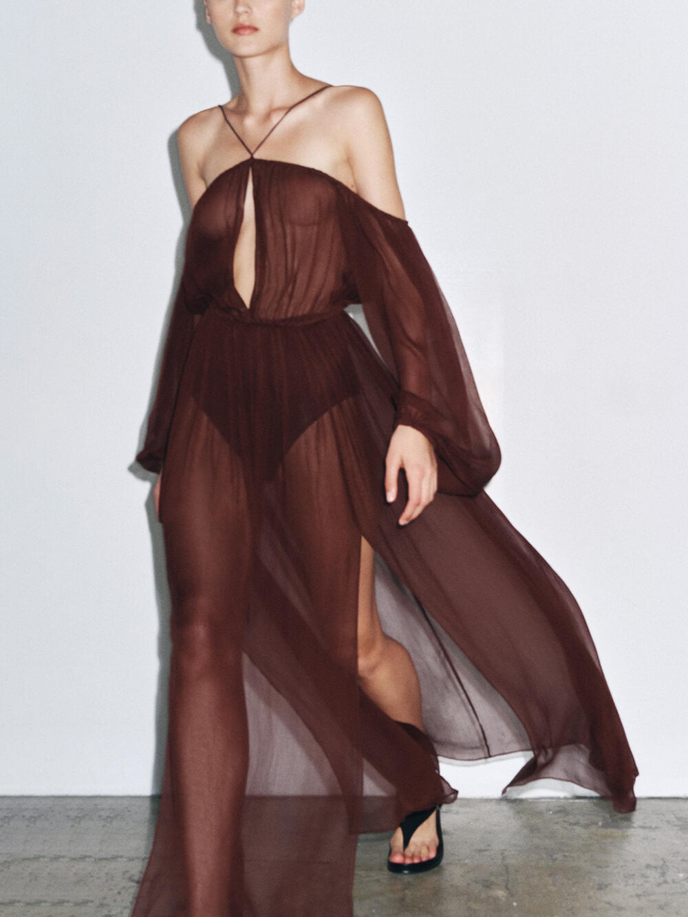 Flowy Halter Semi-Sheer Slit Pleated Waist Maxi Dress
