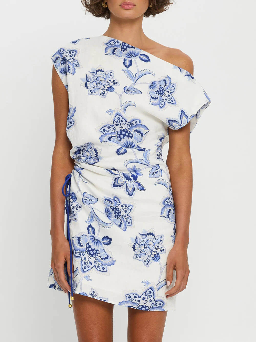 Delicate Satin Unique Floral Print Boat Neckline Drawstring Mini Dress