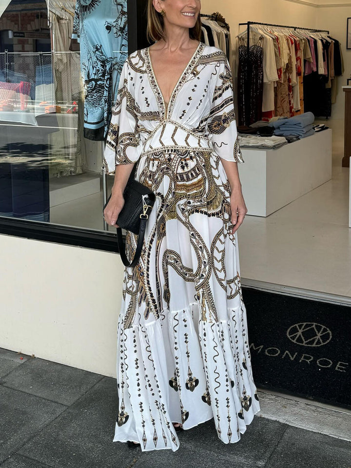 Elegant And Fashionable Unique Pattern Print Ruffle Waist Maxi Dress