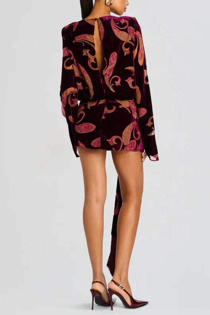 Exquisite Paisley Print Bell-Sleeve Tassel Belt Mini Dress