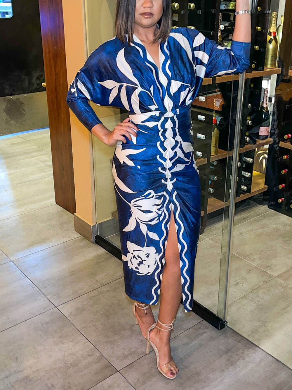 Elegant And Unique Print Dolman Long Sleeve Ruched Slit Midi Dress