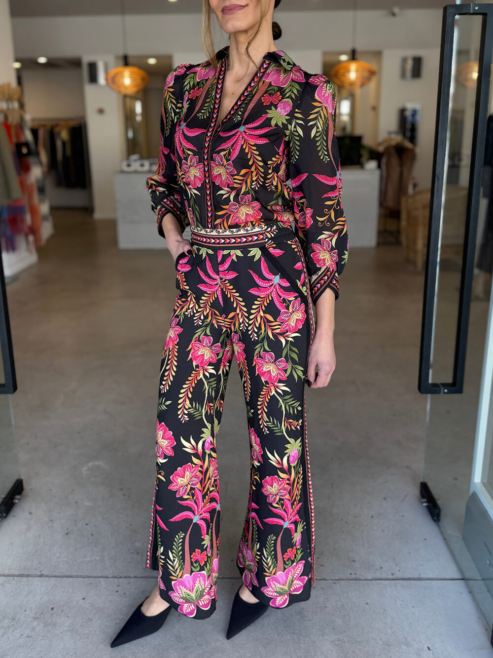 Unique Tropical Botanical Floral Print Puff Sleeve Loose Shirt