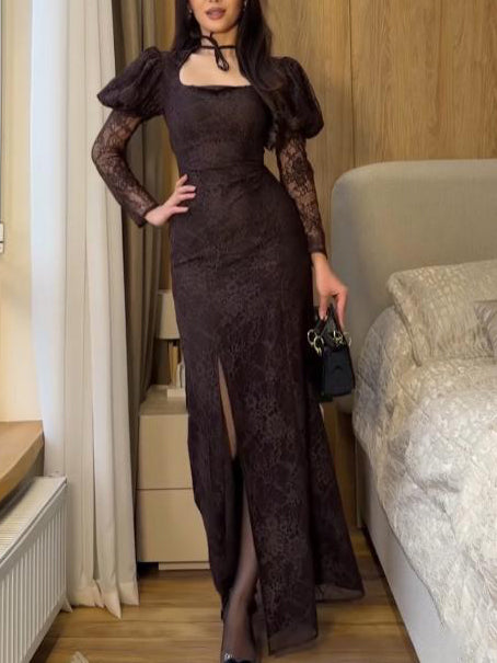 Elegant Square-Neck Lace Puff-Sleeve Maxi Dress