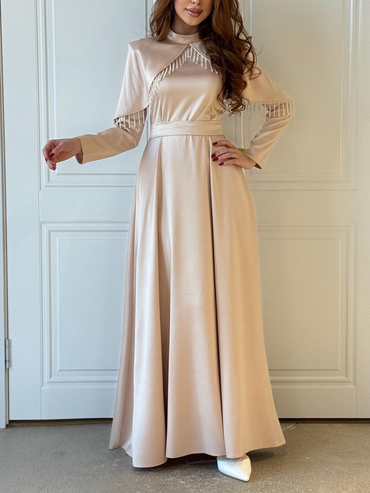 Elegant Satin Cape-Detail Long-Sleeve Maxi Dress
