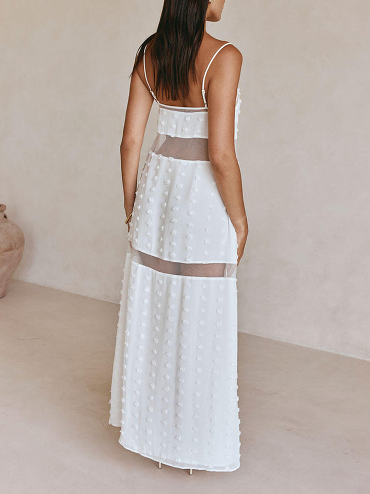 Refinement Textured Spot Sheer Mesh Patchwork Slip A-line Maxi Dress