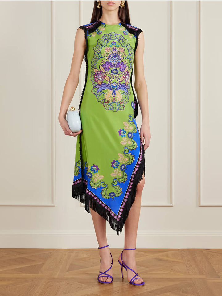 Exquisite Tassel Asymmetrical Print Satin Midi Dress