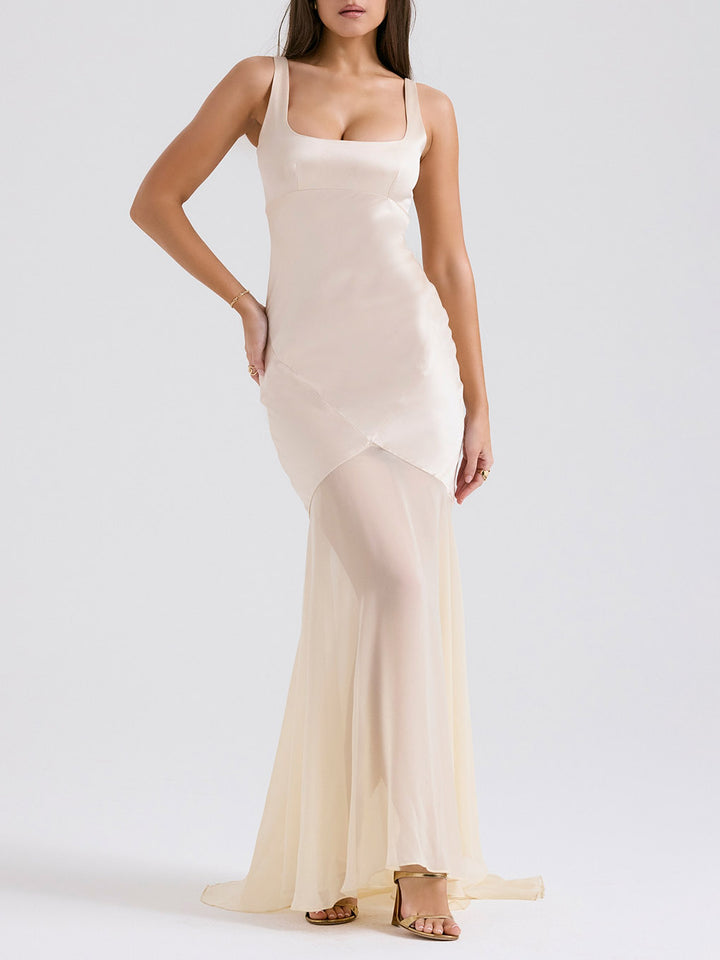 Elegant Square Neck Chiffon Floor-Length Maxi Dress