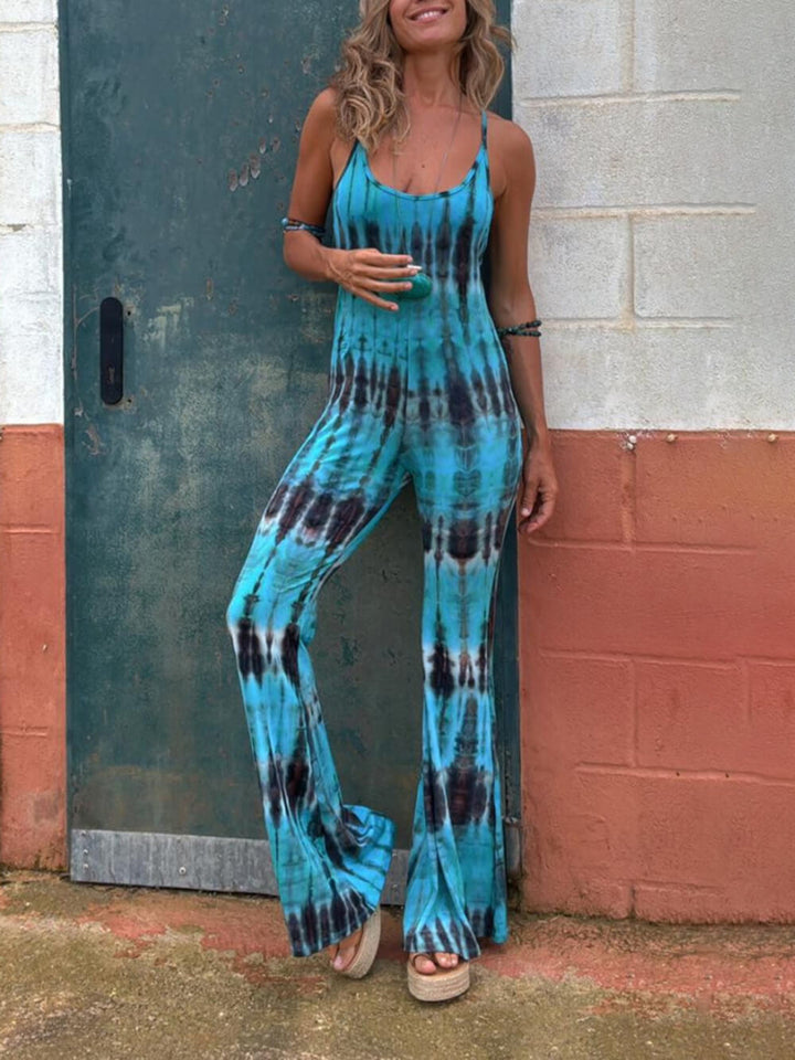 Casual Exclusive Style Tie-dye Print Backless Tie-up Stretch Flared Jumpsuit