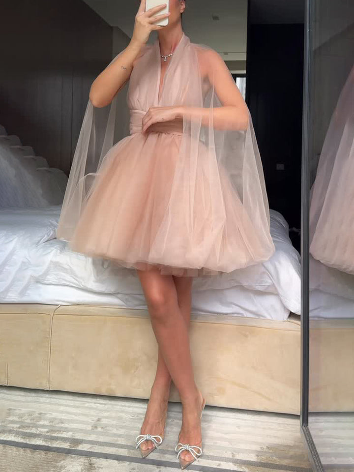 Elegant V-neck Cape Tulle Mini Dress