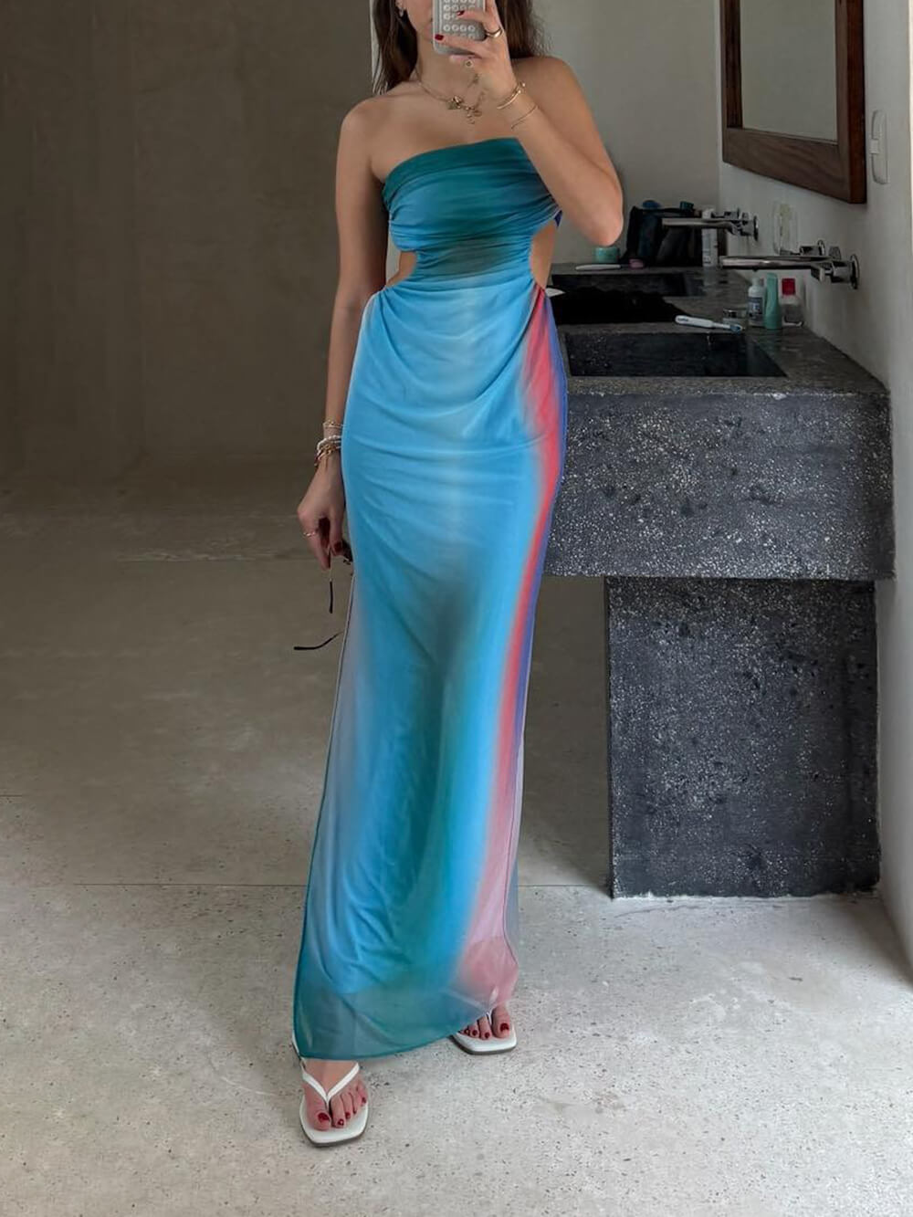 Sexy Strapless Cutout Gradient Printed Vacation Maxi Dress