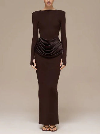 Elegant Pleated Long-sleeved Slim-fit Maxi Dress