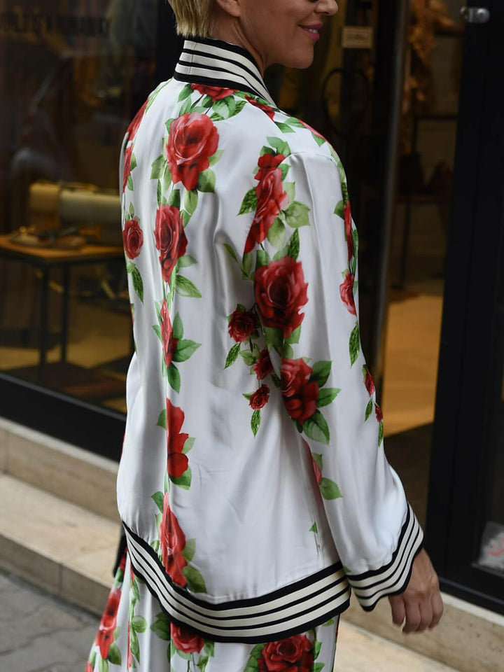 Exquisite Rose Print Ribbon-Trimmed Pockets Elastic Waist Wide-Leg Pants