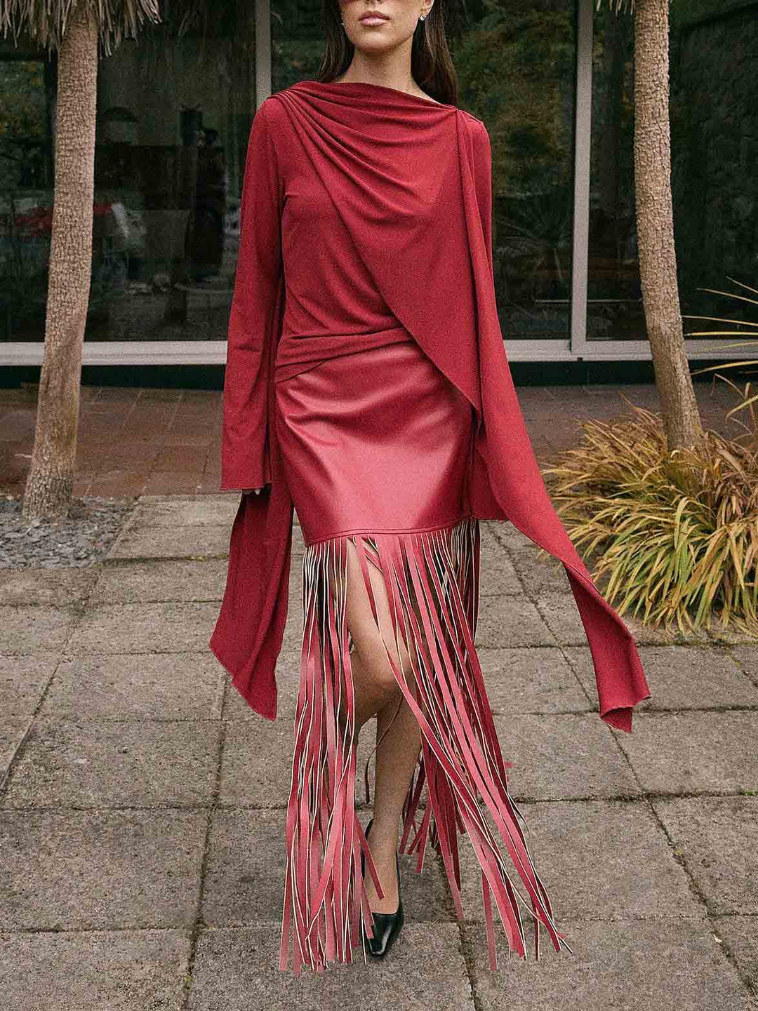 Exquisite High-Slit Fringe Leather Midi Skirt