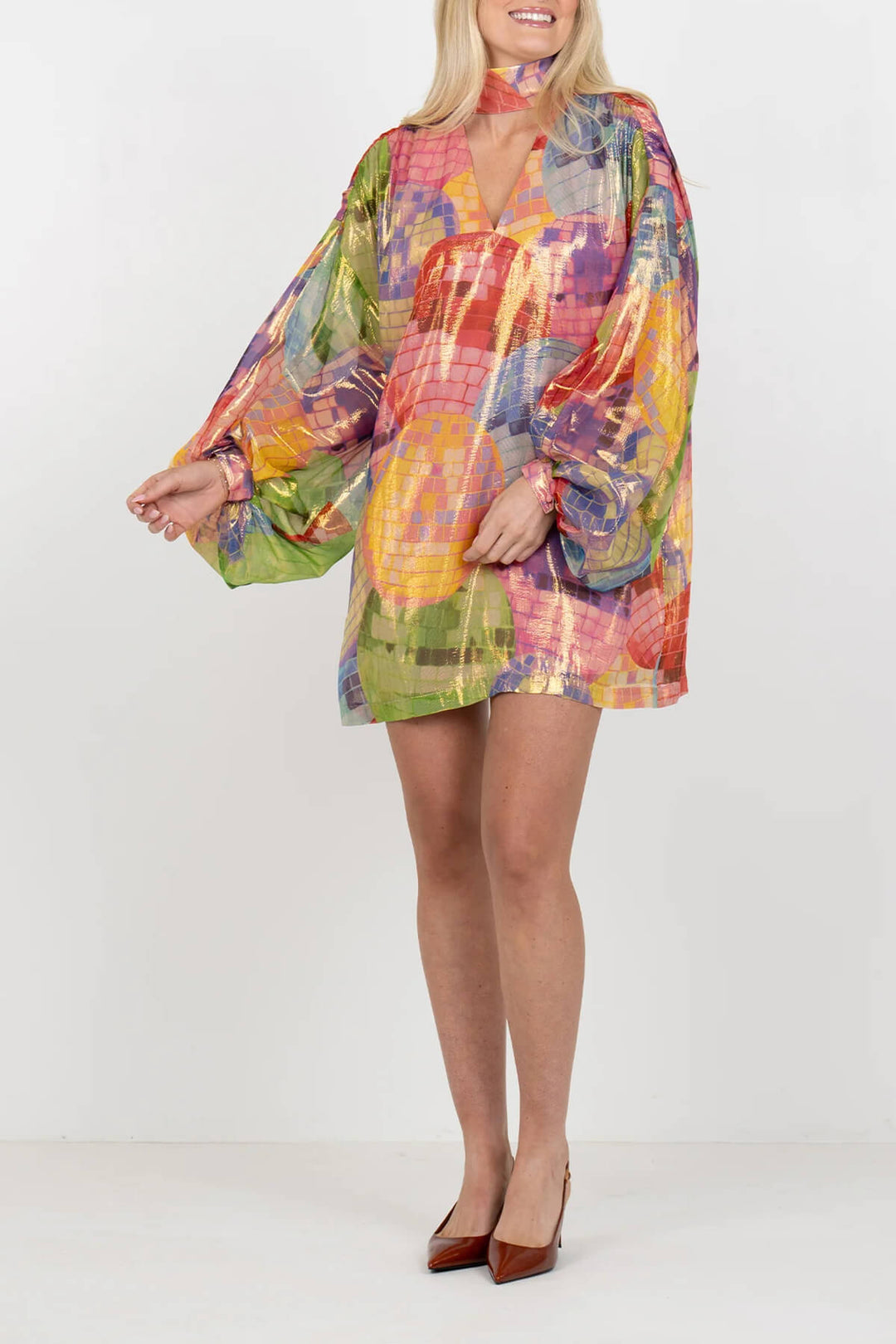Unique Satin Print Lantern Sleeve Mini Dress