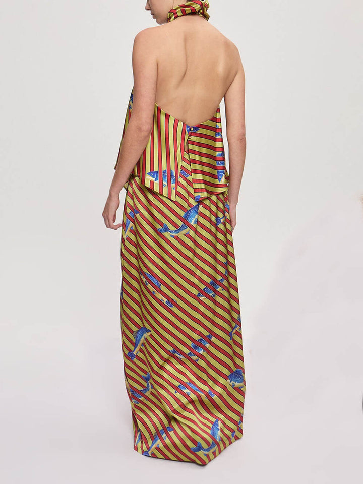 Unique Satin Ocean Print Loose Midi Skirt