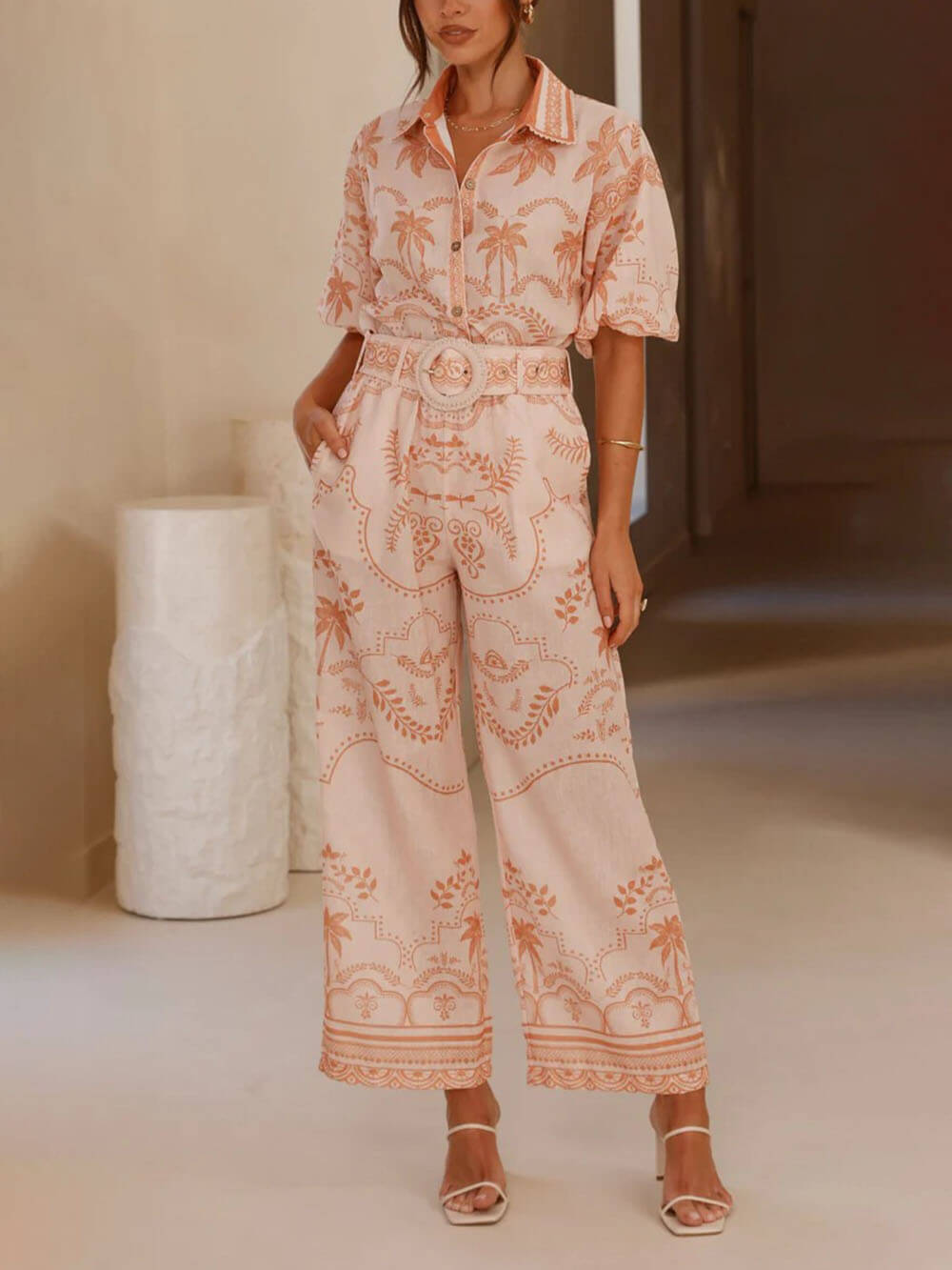 Casual Temperament Printed Linen Short-Sleeved Top With Belt And Straight Pants Set