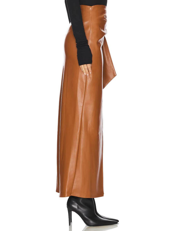 Casual Chic Faux Leather High-Waist Wrap Tie Stretch Maxi Skirt