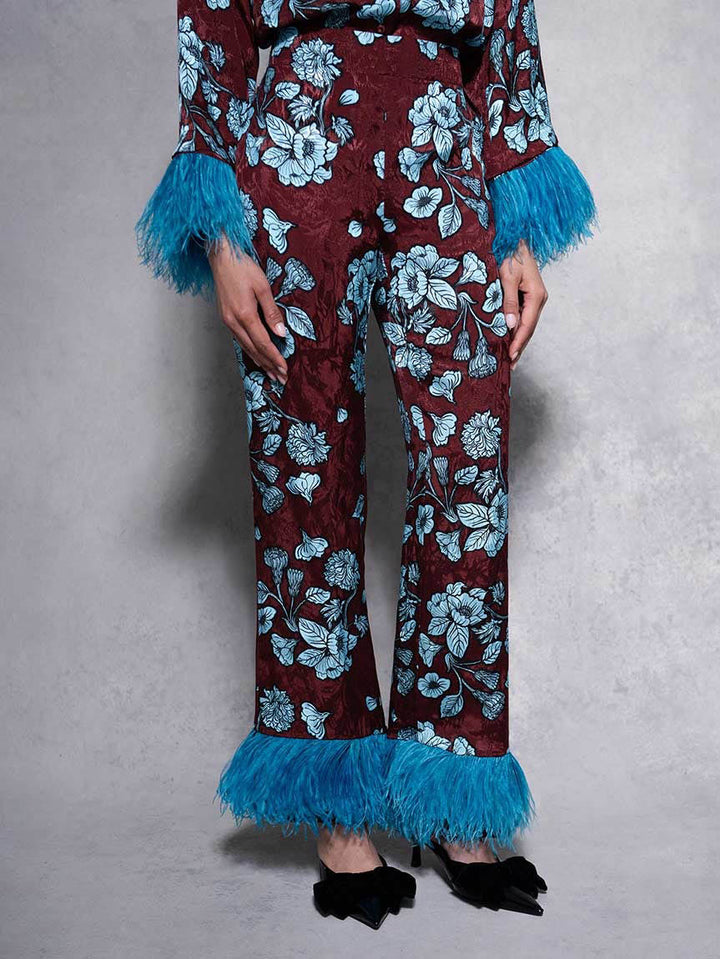 Retro Floral Print Satin Feather Wide-leg Pants