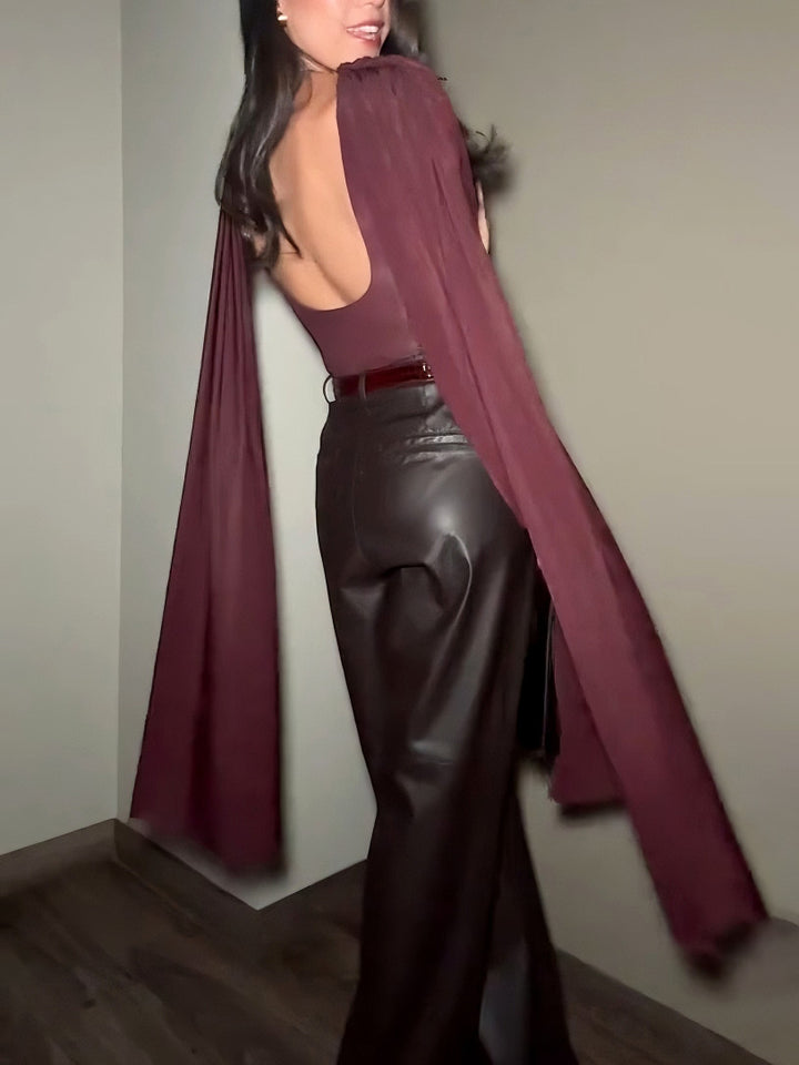 Elegant Draped Top And Wide-leg Faux Leather Pants Two-piece Set