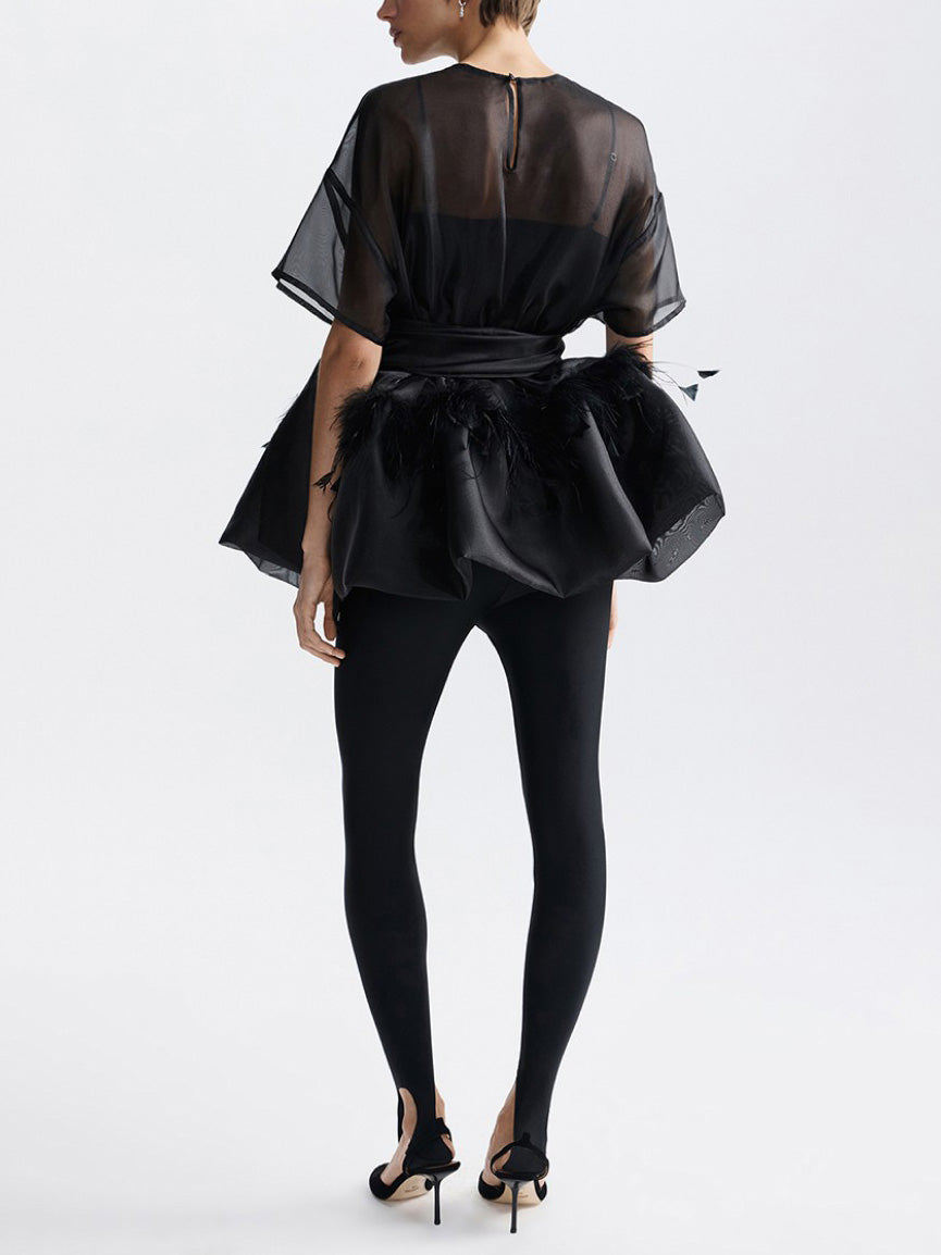 Elegant Feather Organza Top Two-Piece Set
