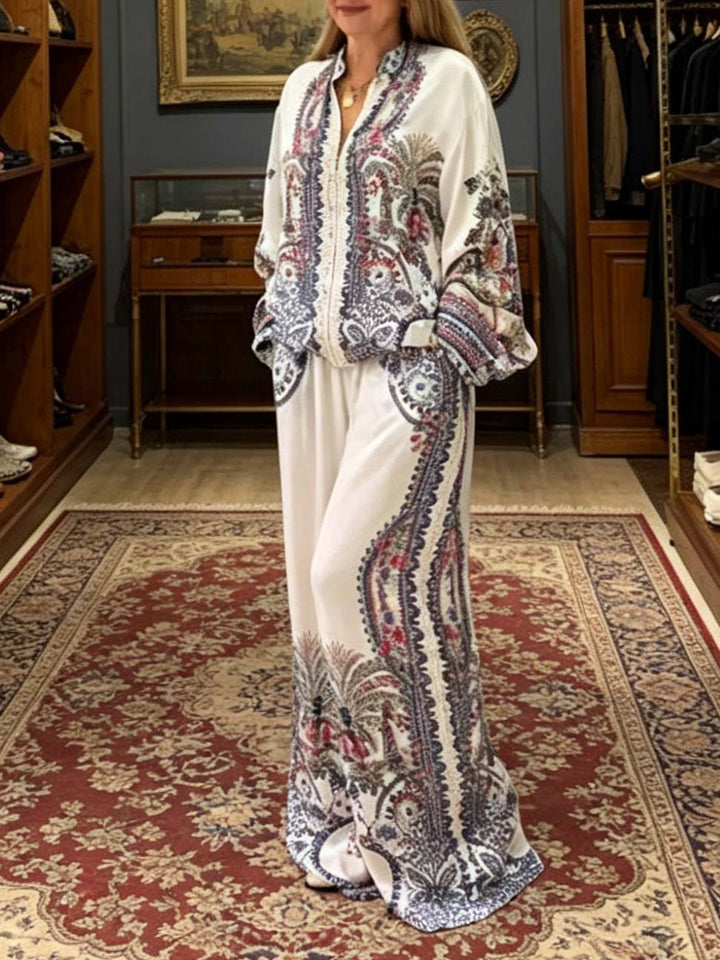 Elegant Paisley Print Zip-Up Shirt & Wide Leg Pants Set