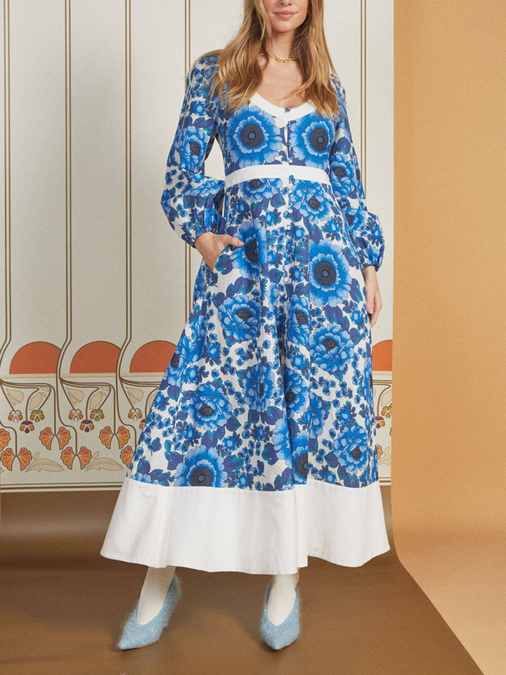 Elegant Contrast Color Block Floral Print Pocket Round Neck Button Maxi Dress