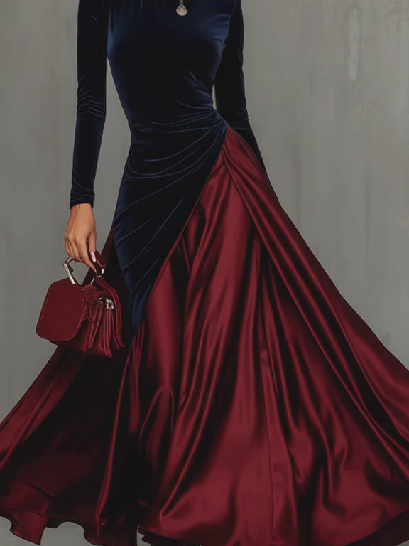 Elegant Velvet Satin Color-blocked Maxi Dress