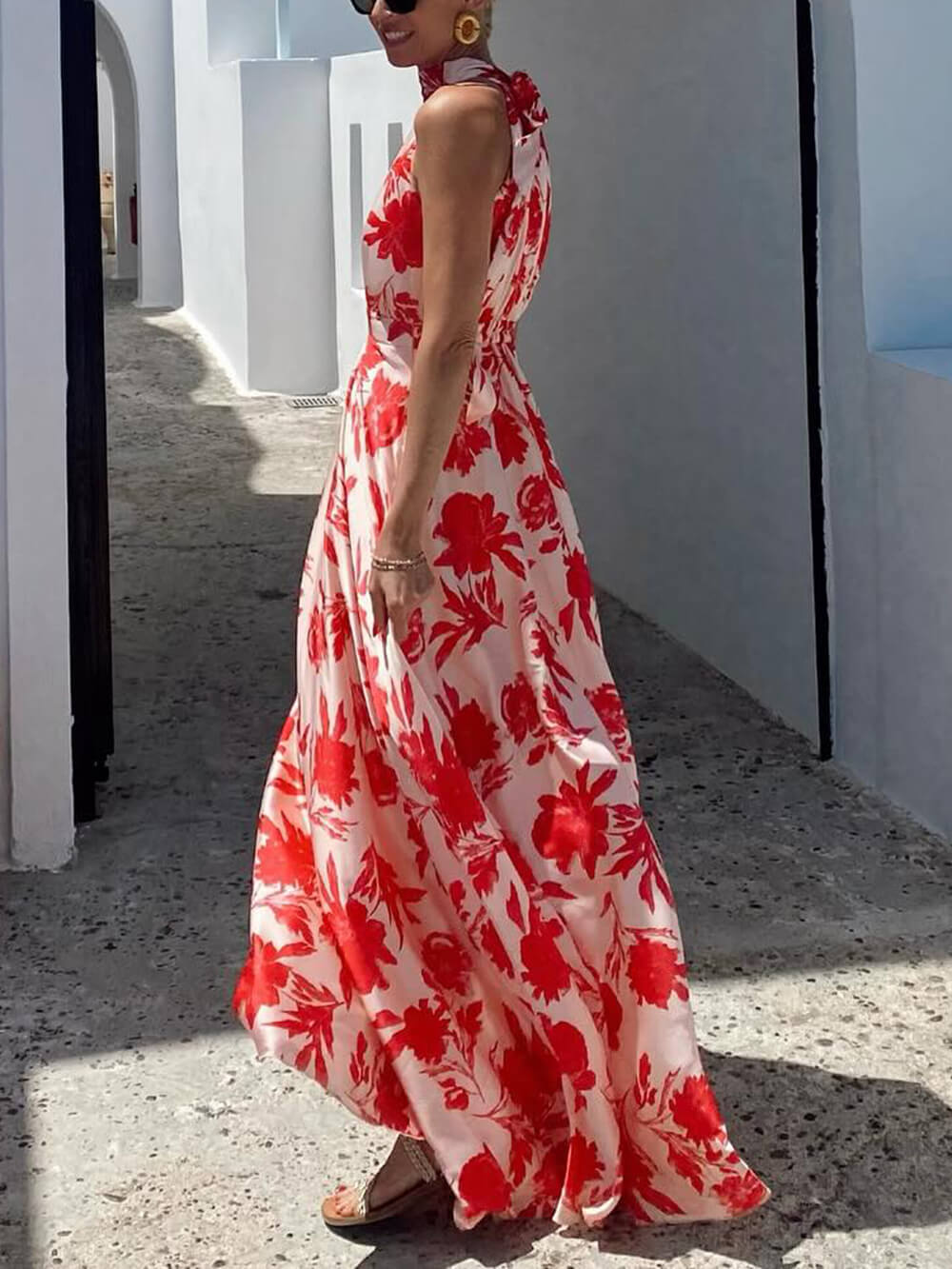 Exquisite Floral Print Waisted Holiday Maxi Dress