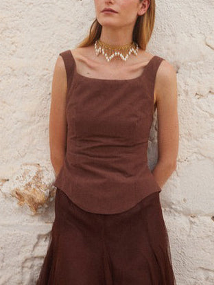 Elegant Square Neck Brown Faux Two-piece Maxi Dress