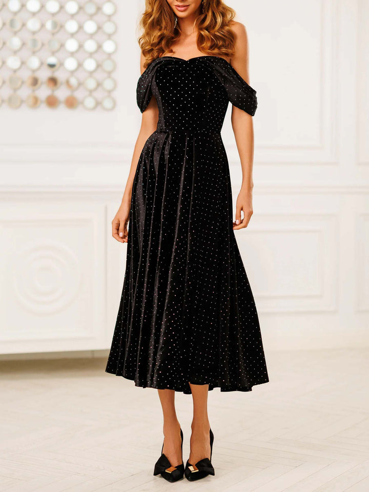 Elegant Off-Shoulder Velvet Rhinestone Midi Dress