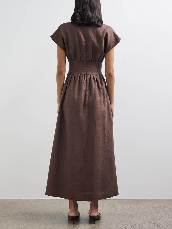 Classic Linen Blend Short Sleeve Fitted Waist Maxi Dress