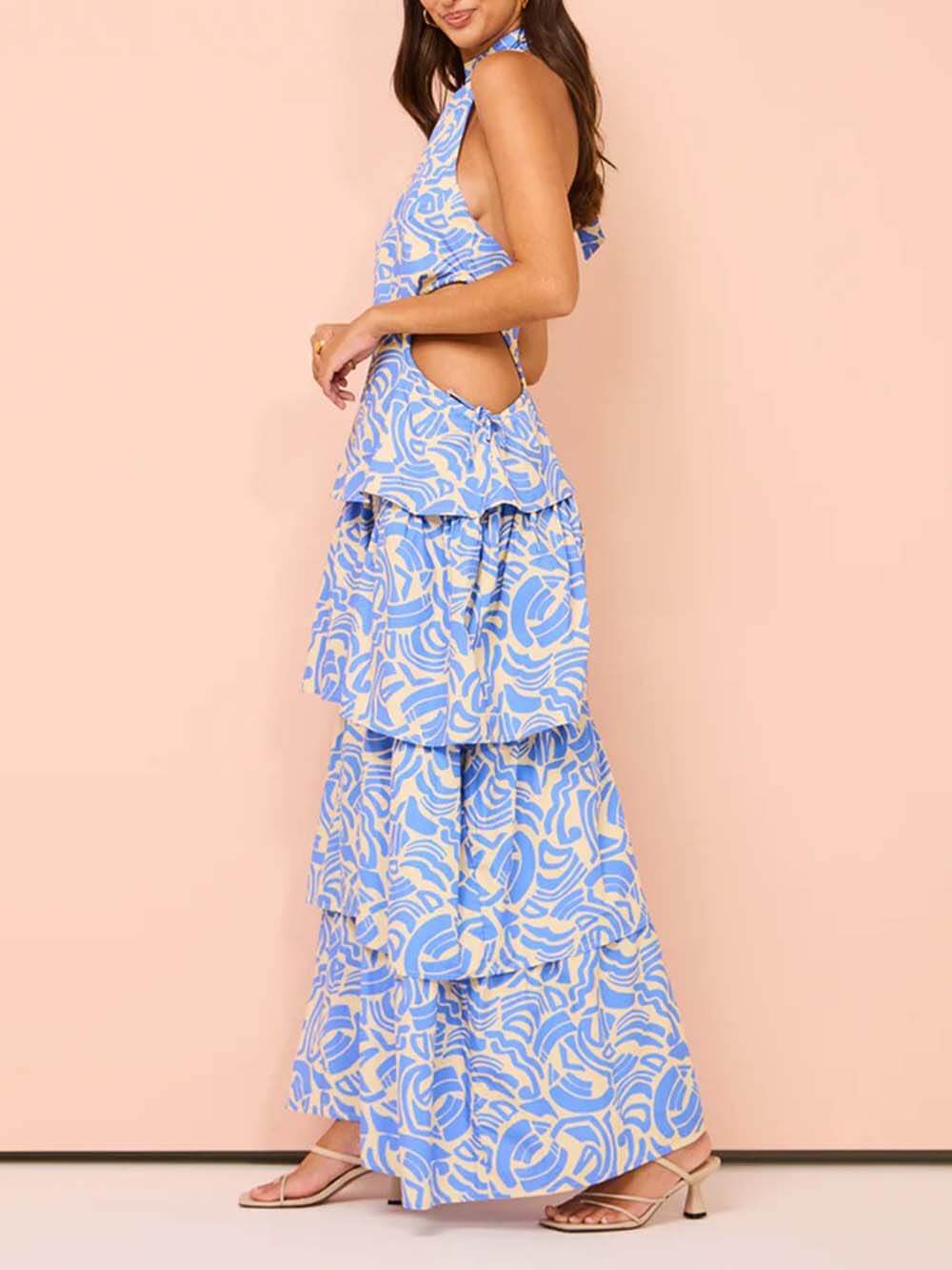 Delicate Blue Swirl Print Halter Neck Backless Maxi Dress