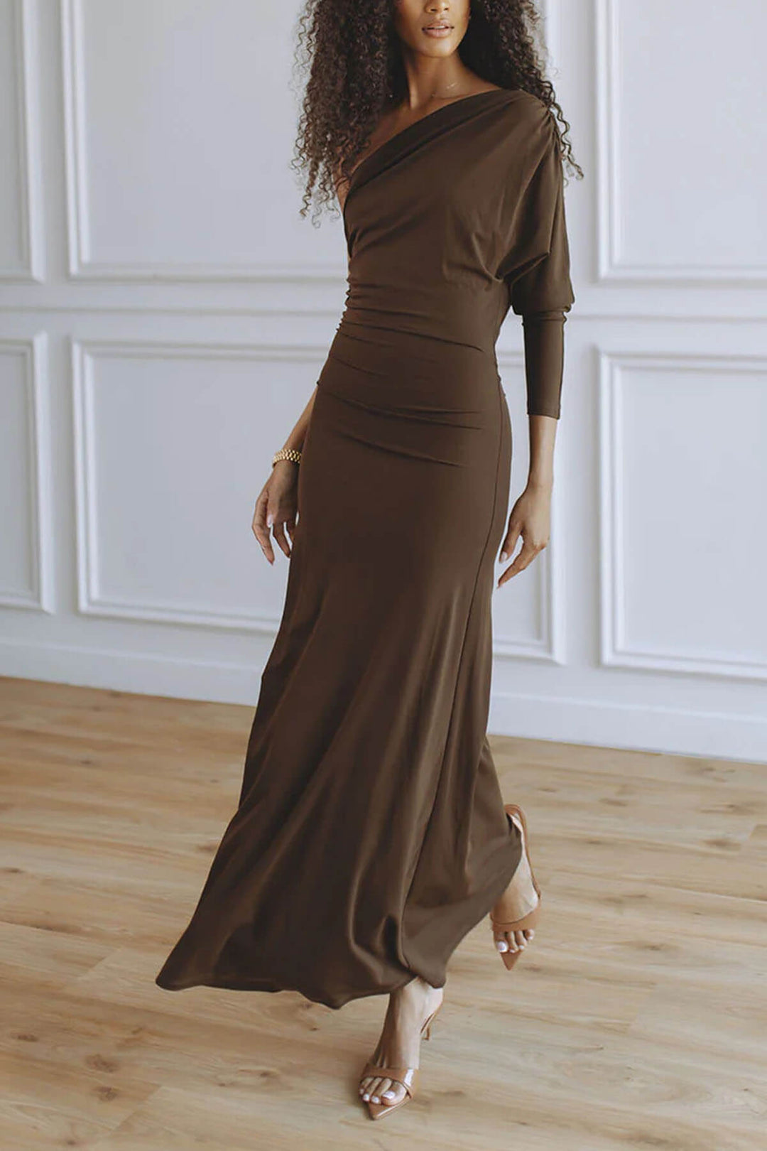 Exquisite One-Shoulder Draped Neckline Maxi Dress