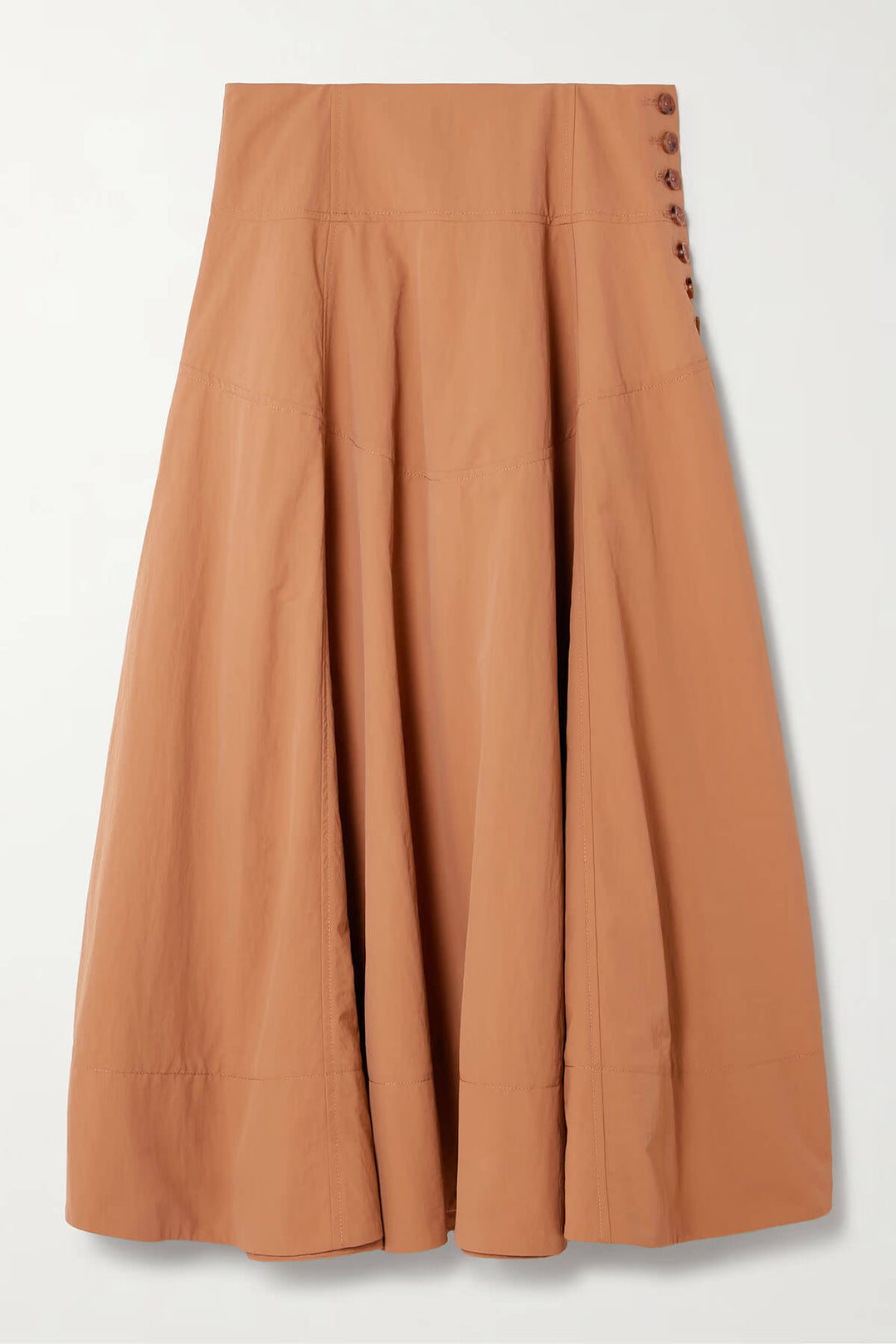 Delicate Button-Detail Ruched Shell-Texture Midi Skirt