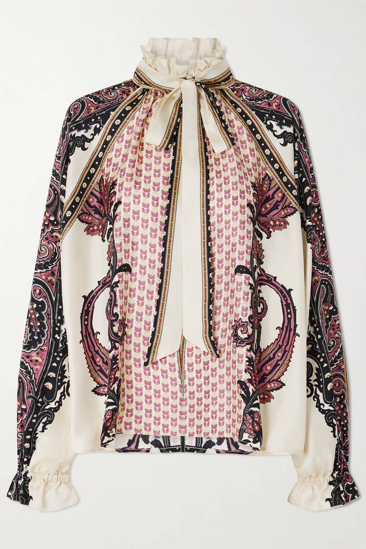 Exquisite Bow Ruffle Floral Printed Satin Twill Blouse