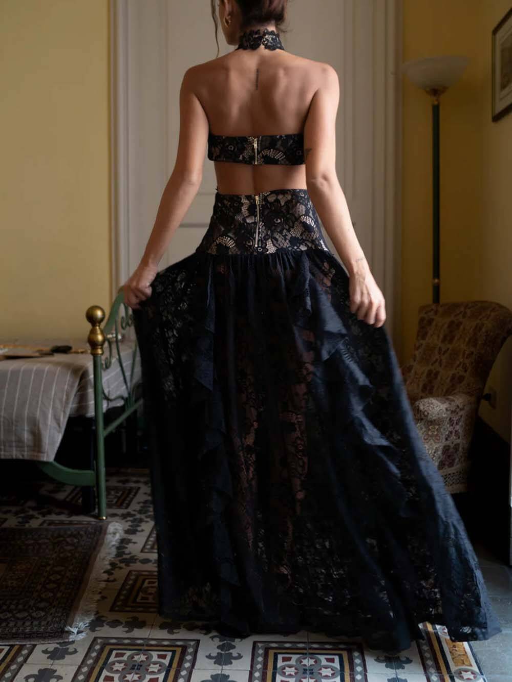 Delicate Lace High-Neck Cut-Out Ruffle Maxi Dress