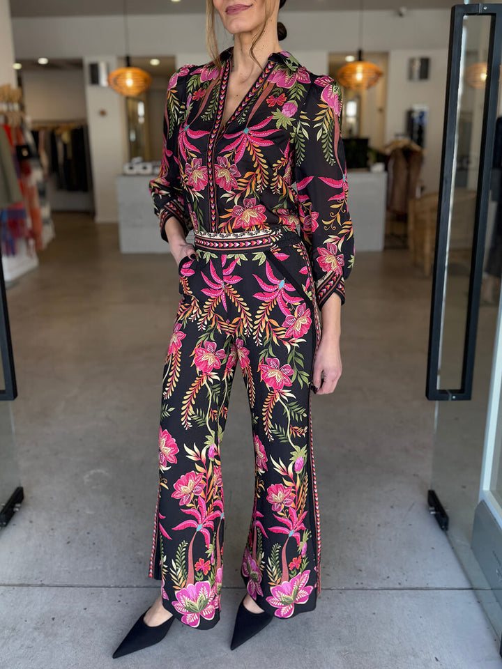Unique Tropical Botanical Floral Print Elastic Waist Pocket Straight-Leg Pants