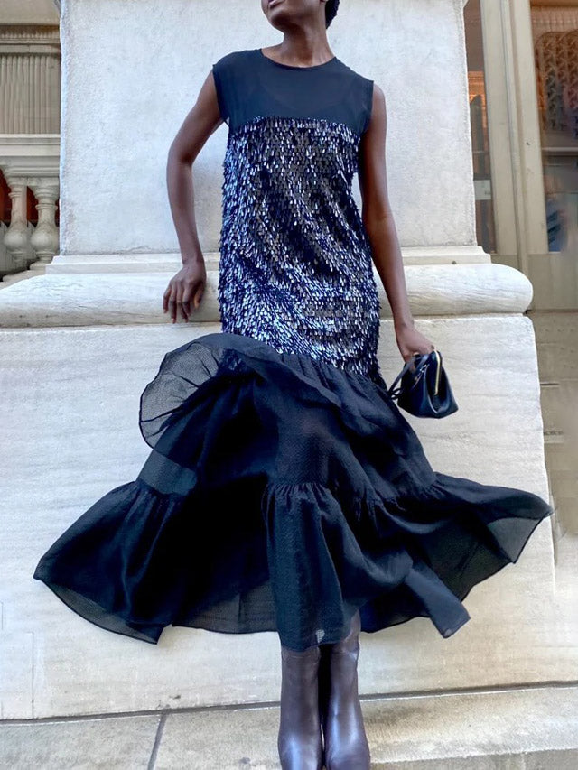 Elegant Sequin Ruffle Chiffon Gown Maxi Dress