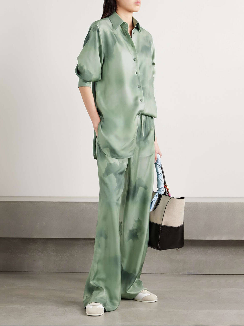 Chic Satin Oversized Printed Twill Elastic Waist Tie Pocket Pants