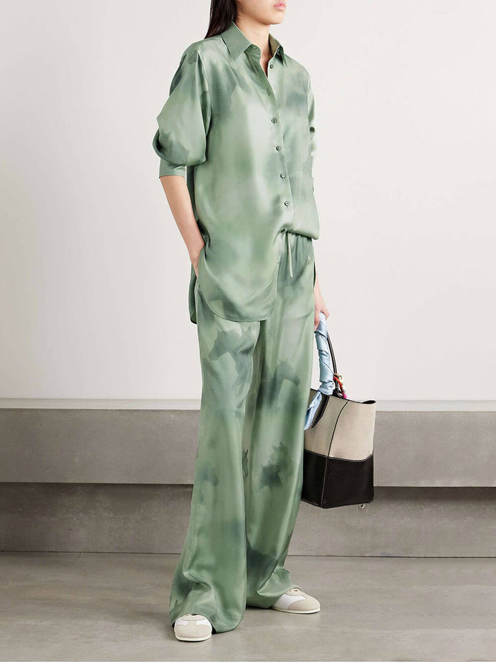 Chic Satin Oversized Printed Twill Elastic Waist Tie Pocket Pants