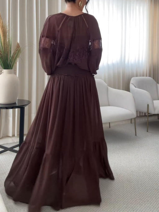 Elegant Lace-Panel Lantern Sleeve Chiffon Blouse