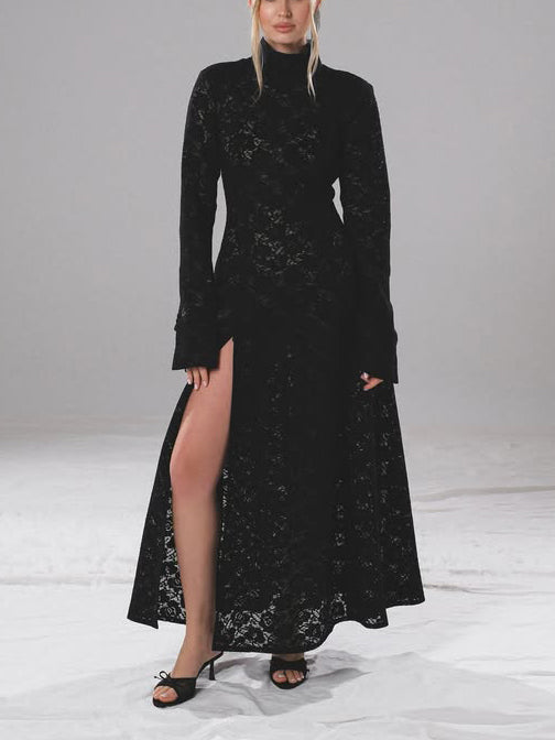 Elegant High-Neck Lace Slit Midi Dress