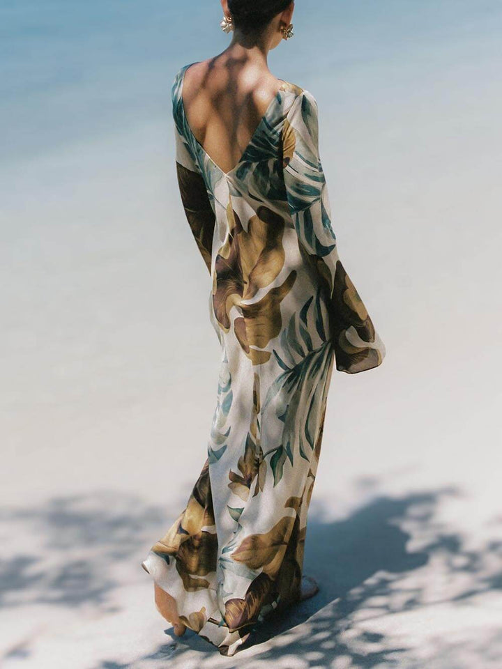 Simple Unique Plant Pattern Print Back Hollow Out Maxi Dress